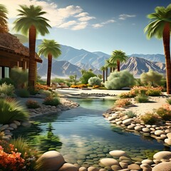 In a serene tropical paradise, palm trees sway gently in the warm breeze, their verdant fronds...