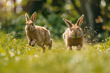 Hares scaredly run away, feeling the danger. Hares quickly run along the green lawn.