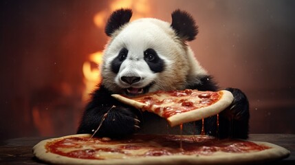 cute, fluffy panda eating pizza. animal and fast food. delicious Italian pastries. pizza day.