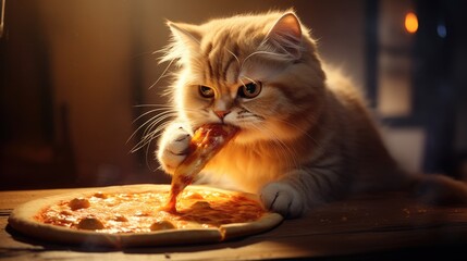 cute, fluffy cat, kitten eating pizza. pet and fast food. delicious Italian pastries. pizza day.