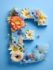 Letter E made of real natural flowers and leaves, on a blue background. Spring, summer and valentines creative idea