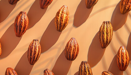 Fresh brown cocoa fruit beans pods cacao powder ingredient pattern, pastel brown background.