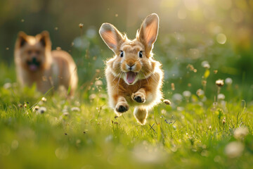 Ayats scaredly runs away from the dog, feeling the danger. The hare quickly runs along the green lawn.