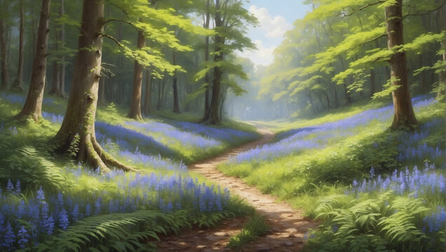 Woodland glade with bluebells and ferns, captured in oil paint.
