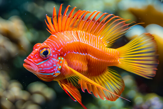 A fish with orange fins and a blue spot on its head. The fish is swimming in a tank. Exotic fantasy fish