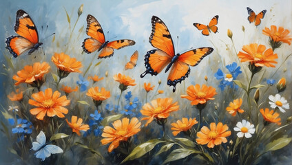Obraz na płótnie Canvas With each stroke of the brush, a story of delicate wildflowers and orange butterflies emerges, painted in the rich textures of oil.
