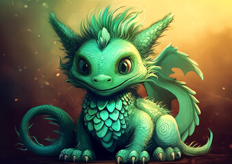 Obraz premium A green dragon with a big smile on its face. The dragon is sitting on a white background