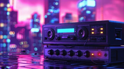 Fotobehang cassette recorder with drum mashine background fivestorey buildings style industrial neon realism © Sattawat