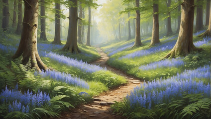 Woodland glade with bluebells and ferns, captured in oil paint. - obrazy, fototapety, plakaty
