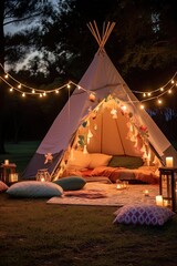 Canvas teepee, surrounded by colorful lanterns and scatter cushions, concept magical night under the stars.