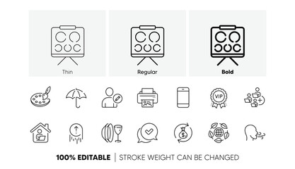 Vip award, Print image and Smartphone line icons. Pack of Vision board, Edit user, Money exchange icon. Palette, Approved, Eco organic pictogram. Umbrella, Add team, Work home. Line icons. Vector