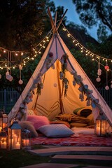 Canvas teepee, surrounded by colorful lanterns and scatter cushions, concept magical night under the stars.