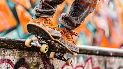 Skateboarder performing tricks on a ramp against a colorful graffiti background at a skatepark.