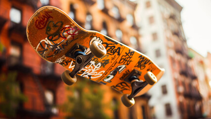 Skateboard with graffiti tags suspended in an urban setting, symbolizing youth culture and extreme...