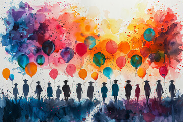 Graduates and balloons with vibrant watercolor splashes, symbolizing joyful achievement. Graduation time in educational institutions. - obrazy, fototapety, plakaty