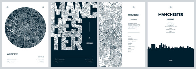 Set of travel posters with Manchester, detailed urban street plan city map, Silhouette city skyline, vector artwork