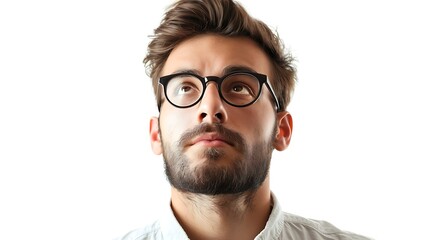 Obraz premium Thoughtful young man looking up isolated on white background