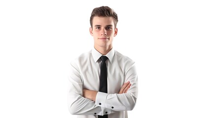 Confident young businessman standing with arms crossed. Isolated on white background.