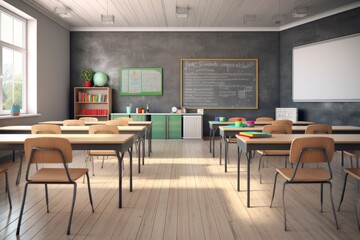 Empty chairs in classroom no student and teacher in public school with different nature over light from windows and shadow. Soft Vintage Style. High quality photo - obrazy, fototapety, plakaty