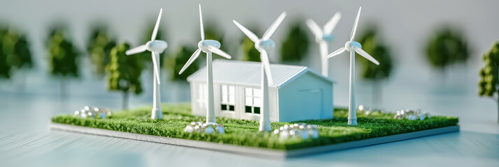 Miniature model village showcasing blue houses, lush greenery, and modern wind turbines stands against a soft. Sustainable living and renewable energy practices.