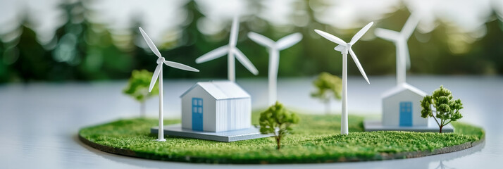 Miniature model village showcasing blue houses, lush greenery, and modern wind turbines stands against a soft. Sustainable living and renewable energy practices.