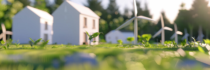 A setting sun casts a warm glow over a field of vibrant green grass, where miniature wind turbines stand alongside a small model house, symbolizing sustainable living and renewable energy sources.