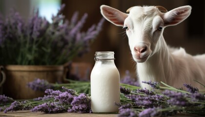 Goat stands near the table with healthy goat milk and lavender sprigs. Home farming and proper...