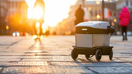 Mobile robot delivering food against the background of the street. The topic of food delivery...