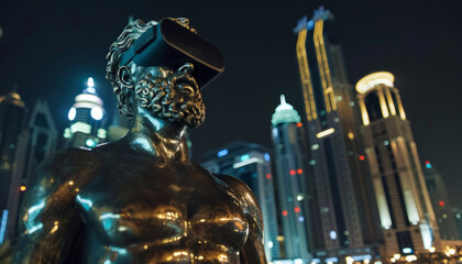 Technology of the future, Majestic Bronze sculpture of an athlete in a virtual reality helmet in the center of a metropolis, modern art.	
