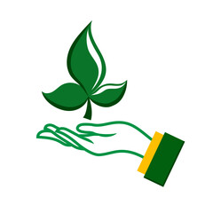 Care and protection of the environment, the concept of sustainable development. Hand and green leaf. Renewable resources, clean ecology, waste-free production. Take care of nature.