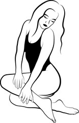 sitting down woman in beachwear, vector sketch