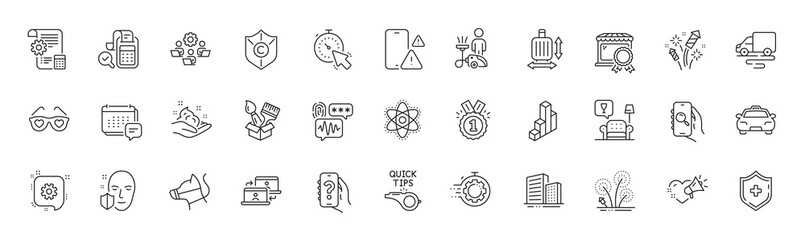 Love message, Buildings and Medical shield line icons. Pack of Approved, Search app, Love glasses icon. 3d chart, Chemistry atom, Outsource work pictogram. Brush, Tutorials, Best market. Vector