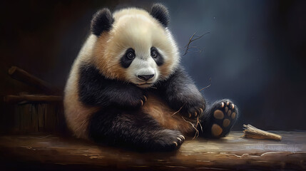 A panda bear is sitting on a wooden surface. The bear is looking at the camera with a sad expression