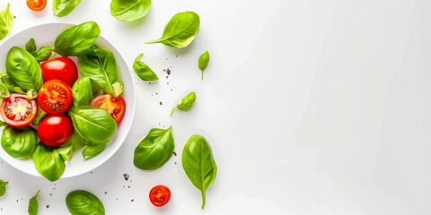 A fresh salad with ripe cherry tomatoes and green basil leaves, presented on a white background with plenty of copyspace for a healthy meal concept.