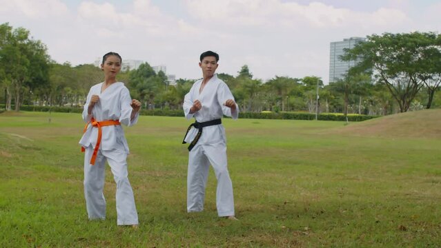 Long shot of taekwondo practitioners doing front kicks while training on open air, copy space