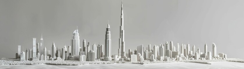 The Burj Khalifa sculpted in clay, gleaming under the midday sun, set against white