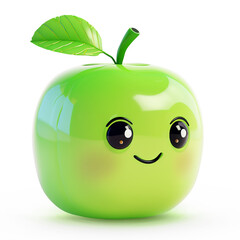 Green apple character with a cheerful face and a leaf on top on white background - 781550052