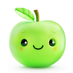 Green apple with a cute face and a single leaf isolated on white background - 781550250