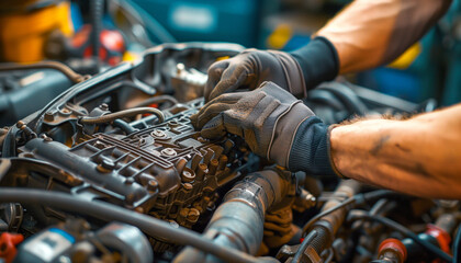 Mechanic repairing car engine. Hands of mechanic repairing car engine in workshop. Mechanic changing car engine. - obrazy, fototapety, plakaty