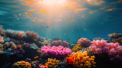 Colorful Coral Reef With Sunlight Shining Through
