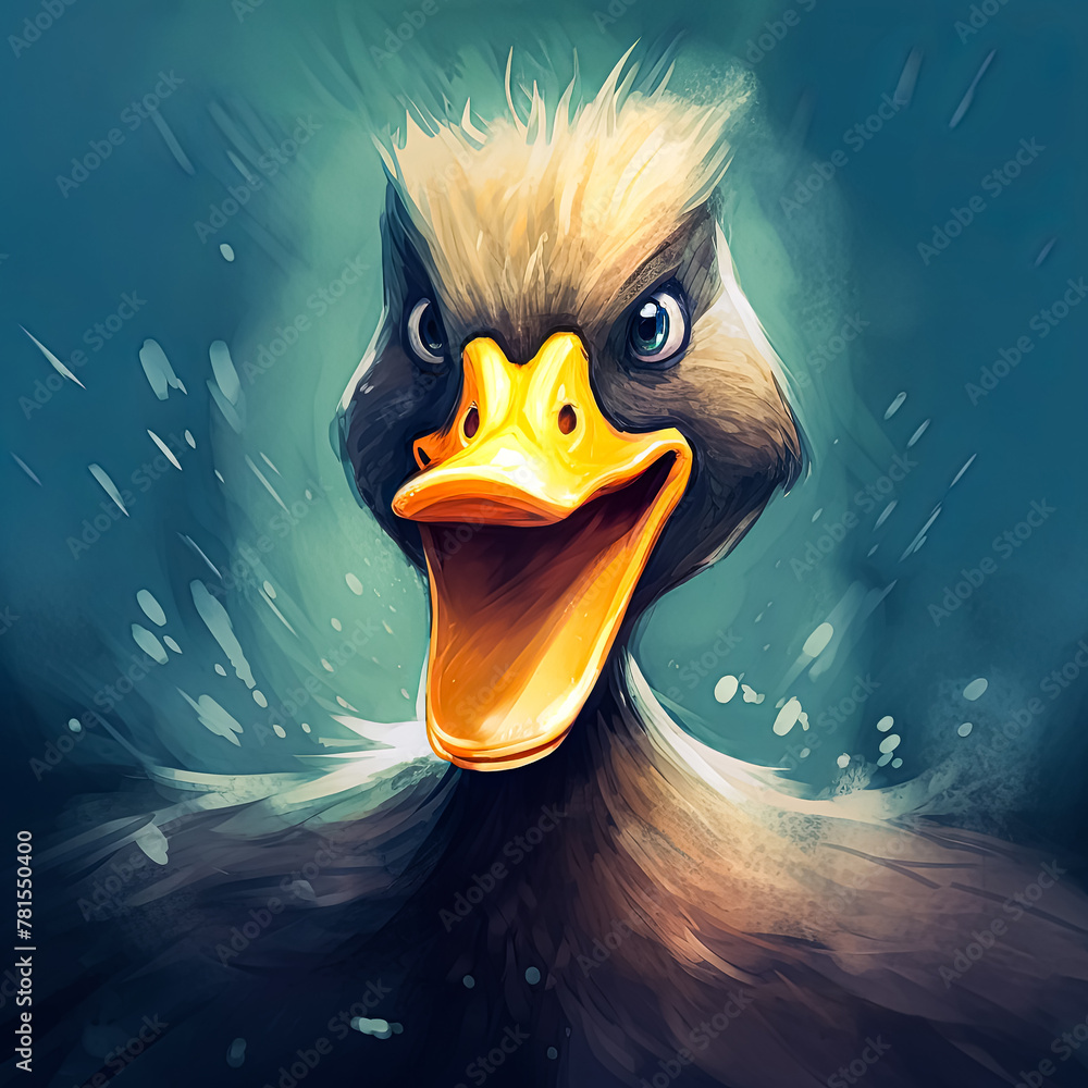 Poster a duck with a big smile on its face. the duck is looking at the camera and he is happy