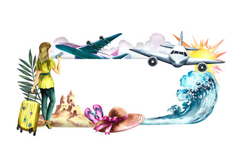 Travel to the sea by plane. Frame with the image of a girl with a suitcase and an airplane, sea, beach and holiday attributes. Watercolor illustration. For flyers, banners, postcards. For invitations.