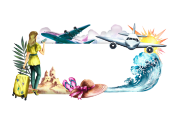 Travel to the sea by plane. Frame with the image of a girl with a suitcase and an airplane, sea, beach and holiday attributes. Watercolor illustration. For flyers, banners, postcards. For invitations.