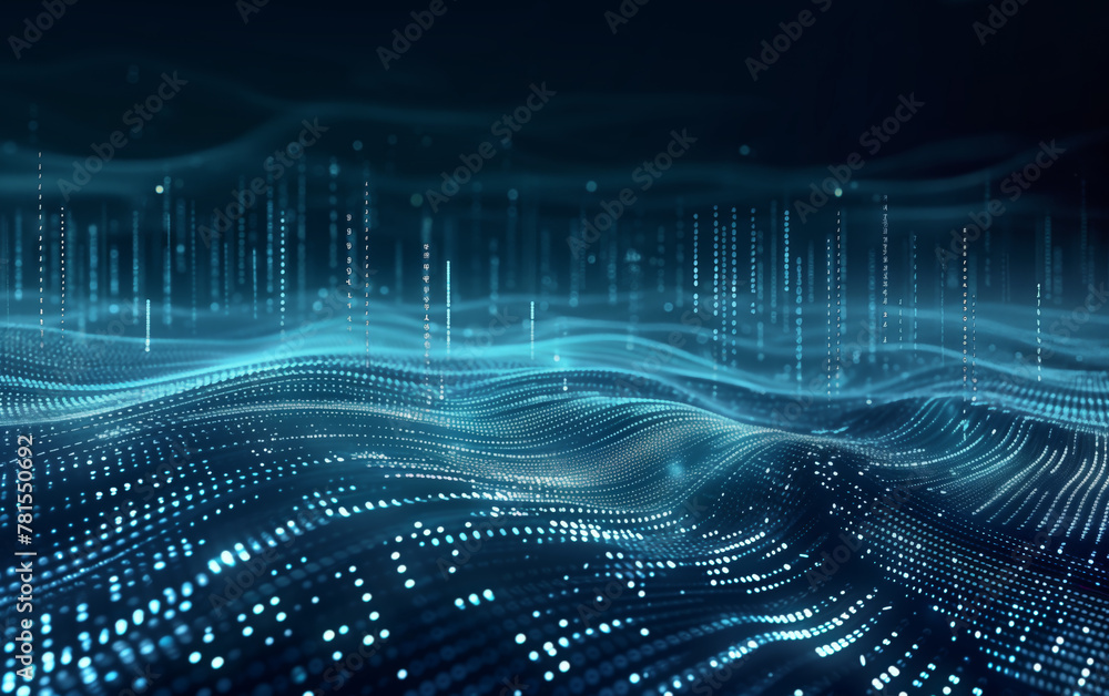 Poster digital visualization of a wave pattern with falling code rain in blue hues
