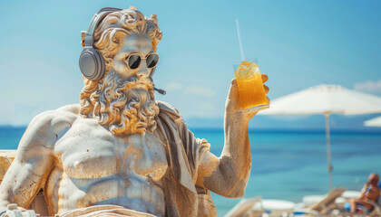 a sculpture of a tourist in sunglasses with musical headphones and a cocktail in his hands rests on the sea beach.	
