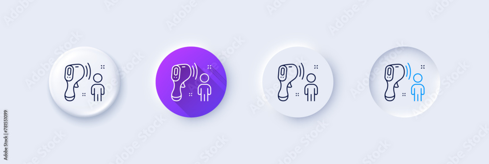 Poster electronic thermometer line icon. neumorphic, purple gradient, 3d pin buttons. temperature scanner s