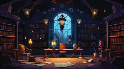 Magic school library interior. Vector cartoon illus