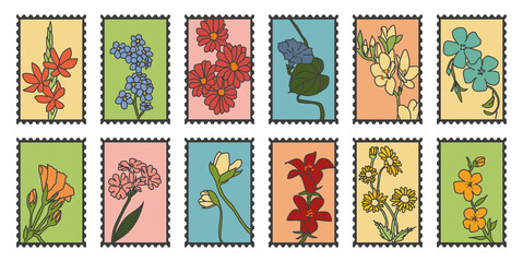 Floral postal stamps collection. Minimalistic