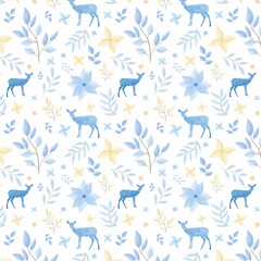 Fototapeta na wymiar Blue Winter Seamless Pattern Watercolor Blue Pattern With Flowers Leaves Deer