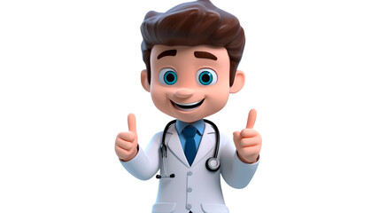 Cartoon 3d character doctor with stethoscope in doctor uniform, showing thumbs up. Healthcare assistant advice, medicine science isolated on PNG transparent or white background.
 - obrazy, fototapety, plakaty